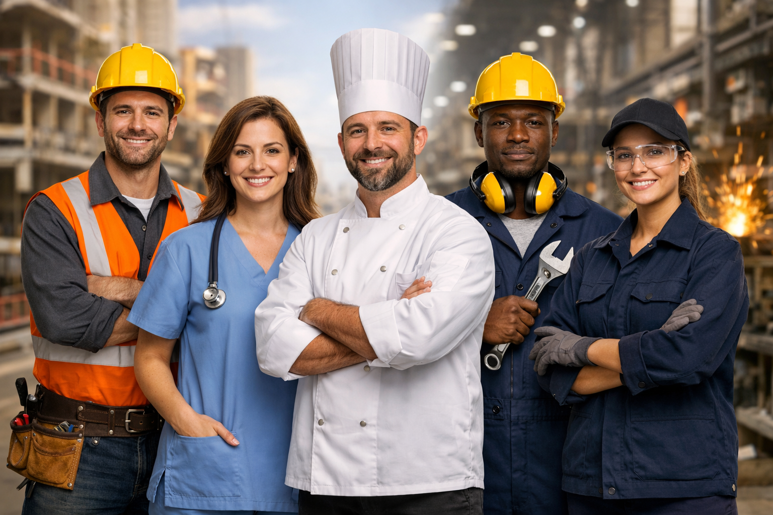 Diverse team of professionals — construction worker, healthcare nurse, chef, industrial engineer and technician in workwear